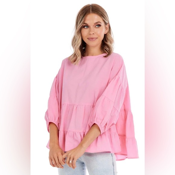 Pink Tiered Balloon Sleeve Blouse | Large (fits up to XXL) | Oversized - Picture 4 of 10